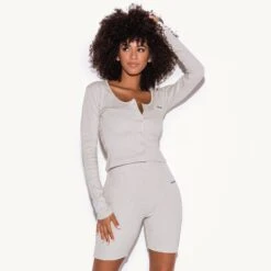 Women's Lounge Rib LS Top And Short Set -Fashion Clothing Store 500577 500578 PB MISSGUIDED LOUNGE BUTTON FRONT TOP BIKER SHORTS TAN 4