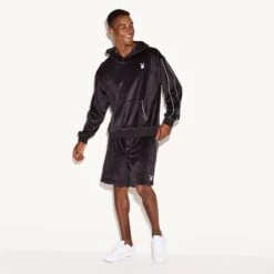 Men's Velour Hoodie Black -Fashion Clothing Store M32 536527 536533 VELOUR MATCHBACK GAMER HOODIE SHORT BLACK 73591