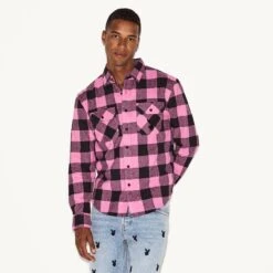 Men's Flannel Long Sleeve Shirt, Pink Plaid -Fashion Clothing Store M33 537801 6861585743969 MENS BRUSHED FLANNEL PINK PLAID 72826 A