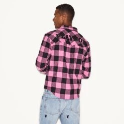 Men's Flannel Long Sleeve Shirt, Pink Plaid -Fashion Clothing Store M33 537801 6861585743969 MENS BRUSHED FLANNEL PINK PLAID 72856 A