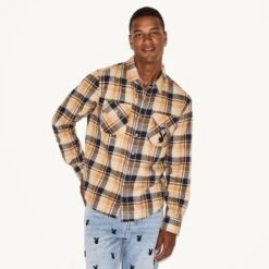 Men's Flannel Long Sleeve Shirt, Tan Plaid -Fashion Clothing Store M35 537807 6861585875041 MENS BRUSHED FLANNEL TAN PLAID 72493 56da6095 60ea 498e 8c47 d112ecf9b63e