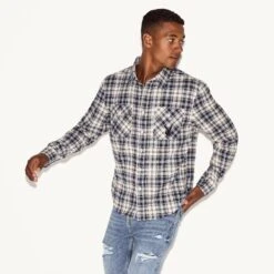 Men's Flannel Long Sleeve Shirt, White Plaid