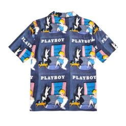 Soulland June 1954 Playboy Camp Shirt -Fashion Clothing Store PLAYBOY SOULLAND ORSON SHIRT NAVY WITH BUNNY JUMPING COUCH PRINT 02 08efae1e 4aaf 4f89 b700 19ac6a855bf5