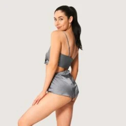 Women's Lounge Satin Cami & Short Set - Grey -Fashion Clothing Store Playboy MG Lounge Satin Cami Short Set Slate Grey 2348