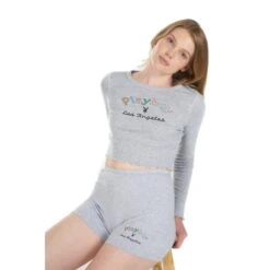Women's Rainbow Masthead Long Sleeve Top -Fashion Clothing Store PlayboyWomen sRainbowMastheadLongSleeveTop Heather Grey 06 a2bd5c9a 303d 4962 b43f ebb0012cf6d2