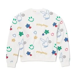 Women's Doodle Crew Neck Sweatshirt 7 Women's Doodle Crew Neck Sweatshirt -Fashion Clothing Store Playboy Doodle Crew White 02